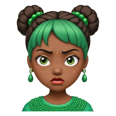 Create a 3D cartoon-style girl character with dark skin, round face, angry expression, big wide eyes, and tightly styled double buns made of green beaded hair. The girl should look irritated, eyebrows sharply angled, and lips pressed in a frown. sticker