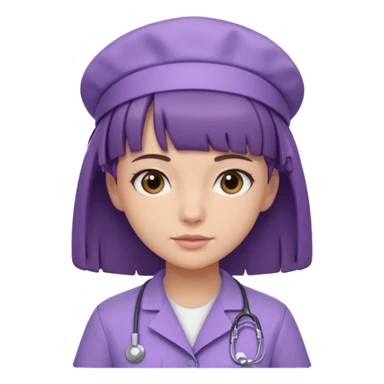 A young female slim nurse with short Brown hair with fringe over her forehead, wearing larvendar purple working cloth sticker