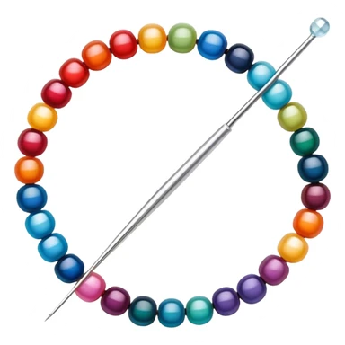 Create a harmonious and well-composed icon that represents the hobby of beadwork. The design should feature colorful beads, thread, and a beading needle or tool in a balanced arrangement. The elements should flow naturally, reflecting the creativity and precision of the craft. Ensure the composition is clean and aesthetically pleasing, with vibrant yet balanced colors. The background should be transparent. sticker
