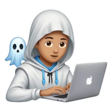 Create an emoji where an ungender person sits in front of the desk, designing ghost characters on laptop. Please refer to the attached image for ghost characters. sticker