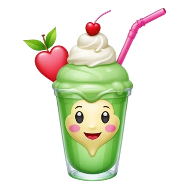 Create an emoji with a clear rounded glass, bright transparent green soda, vanilla ice cream scoop, two red cherries, pink heart-shaped straw, simple shapes, bright colors, glossy, kawaii style, centered, transparent background
 sticker