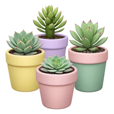 A pastel pink ceramic pot with a sedum succulent, a pastel green ceramic pot with a graptopetalum succulent, a pastel yellow ceramic pot with an echeveria succulent, and a pastel purple ceramic pot with a flowering cactus. All are cylindrical and placed separately on the floor. sticker