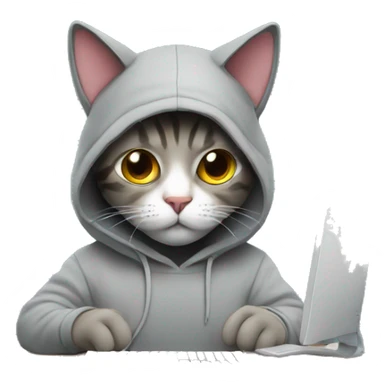 cat is a graphic designer in a hoodie and headphones, working at a computer in photoshop sticker