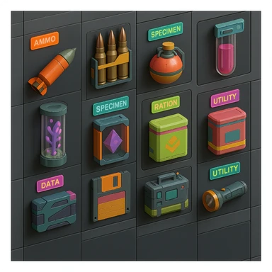 a virtual display, a gray grid with darker gray cells, each cell containing an item viewed in isometric minimalism render The cells have pastel neon colored labels in their upper corner, indicating various traits of the items. retrofuturism, circa 2880's.
The items are scientific and military in nature - varieties of munitions, scientific samples, rations, data storage, utilities. There are two arrays of grids, one left, one right. Each array has a few empty spaces at the bottom. "CAD RENDERED PHOTOREALISM" brutalism. the items are adorned in a combination of  bright colors, neon-safety, early 90's pallet, with muted gray tones in EVEN BALANCE. sticker