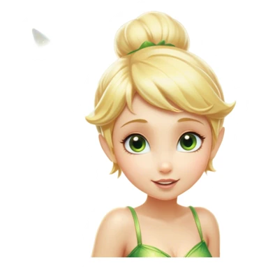 Cinematic Realistic Blonde Tinker Bell Fairy Portrait, head tilted playfully and inquisitively, showcasing a delicate pixie form with finely detailed, golden blonde hair and softly glowing, translucent wings that catch the light with a cascade of fairy dust. Her bright, curious eyes sparkle with mischief and wonder, rendered with lifelike clarity and warm, gentle lighting that captures the essence of a spirited, charming fairy ready to flutter playfully into your heart. sticker