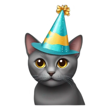 Dark Grey British short hair cat wearing a party hat sticker