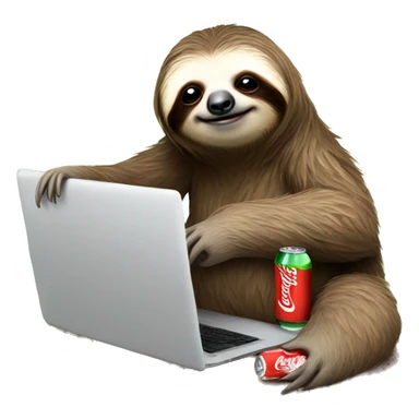 tired sloth with coca cola can and laptop sticker