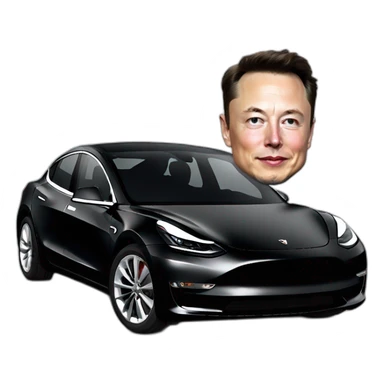 small photo-realistic Elon Musk sitting inside an all black Tesla Model 3, front view sticker
