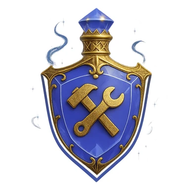 very luxurious crystal elixir bottle in shield shape, color #7986cb, with 🛠 symbol on the bottle, lots of shining, edges, ornaments, golden details, magical effects, very small golden neck, transparent background, beautiful, seamlessly merging bottom, bottle clearly floating in air, no base or shadow, modern, fits a collection sticker