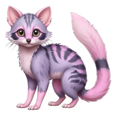 Deep dark pastel bright whitish pale Violet-pink-gradients with darker points Asian painted anime-styled big-eyed shiny glorious divine marked exotic cool beautiful realistic Lykoi-civet-genet-sergal-ocicat-oncilla-animal-Fakémon-hybrid-fursona (full body) sticker