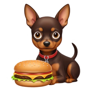 Miniature pinscher dog with white paws eating a giant, juicy hamburger sticker
