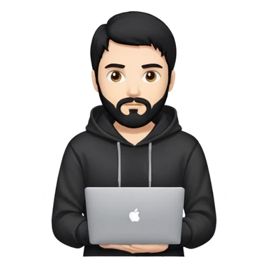 hackeur blanc cheveux noir barbe et capuche noir avec un macbook sticker