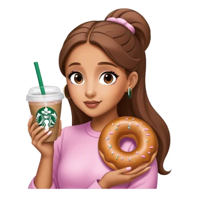Ariana Grande holding a glazed donut and a Starbucks cup sticker