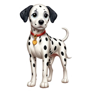 Cinematic Realistic full-body portrait of a Dalmatian dog, rendered with glossy, meticulously detailed spotted fur and expressive, alert eyes, set against a clean, neutral backdrop that highlights its regal and athletic stance. sticker