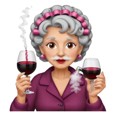 A grandma with hair curlers in with a vape and drinking wine with white powder under her nose sticker