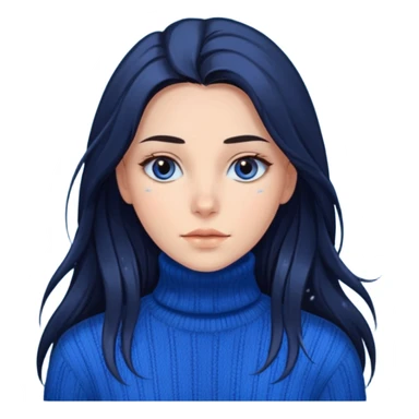 Mujer pelo oscuro y muy largo con unos mechones saliendo ojos oscuros y muy atractiva y con jersey de invierno azul de cuello vuelto sticker