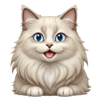 Cinematic Adorable Fluffy Light Grey Mantle Ragdoll Cat Portrait Emoji, Head tilted cutely with big, sparkling blue eyes, soft light grey fur with darker points on the ears, face, and paws, Simplified yet irresistibly adorable features, highly detailed, glowing with a soft, warm glow, high shine, yawning in a peaceful and playful manner, stylized with a touch of whimsy, bright and endearing, soft glowing outline, capturing the essence of a relaxed and loving kitten, so cute it feels like it could leap out of the screen and stretch into a cozy nap! sticker
