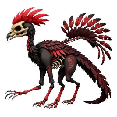 Rare realistic dark edgy evil tribal patterned red-feathered skeletal badass epic handsome gorgeous aesthetic black-skulled Vernid-Trico-species-Fakemon-creature by LiLaiRa, 4 legs, 1 tail, random markings, (full body) sticker