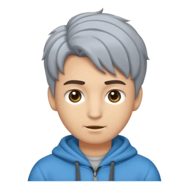 Crea un emoji a mezzo busto come ti ho già chiesto però di un ragazzo sulla 20ina ma che sembri più giovane, vestito con una felpa grigia. Occhi azzurri, capelli neri con il ciuffo davanti un po bagnato. sticker