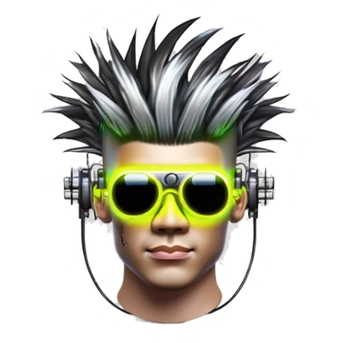 Mohawk hair Asian male cyborg head with neon silver steampunk goggles and circuits sticker