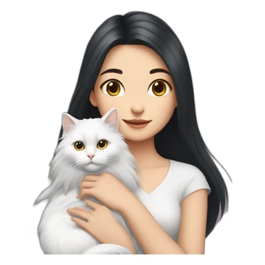 A girl with long dark hair and a white fluffy cat is lying on her right shoulder sticker