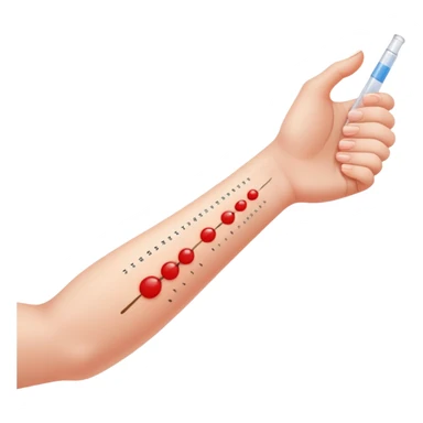 Allergy skin prick test on forearm with small red bumps showing reactions to different allergens sticker