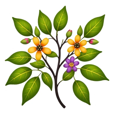 dull green leaves & colorful flowers filigree design & small fruits & ebony branches, extremely detailed, complex design sticker