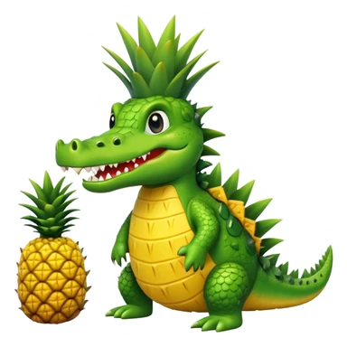 A cute crocodile with a pineapple body, the crocodile head is green with teeth and the body is a yellow pineapple with spiky texture sticker