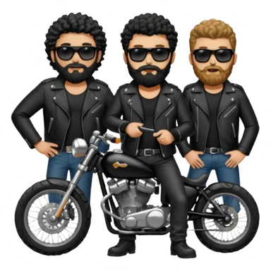 biker gang with black sunglass and rugged and bulky guy bearded curly hair black jacket sticker