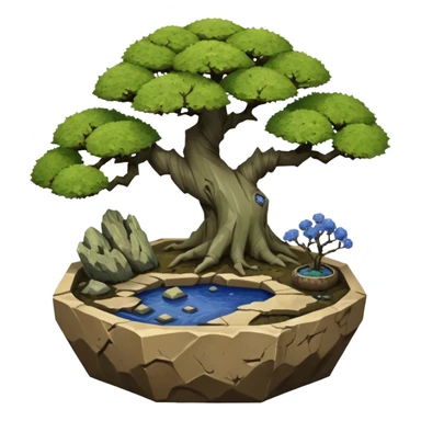 Alien landscape mudman very old broken cracked intricate Stone Age rocky-crusted irregular dodecagon-shaped shallow dark moss rough bark blue willow flowered maple tree bonsai pot sticker