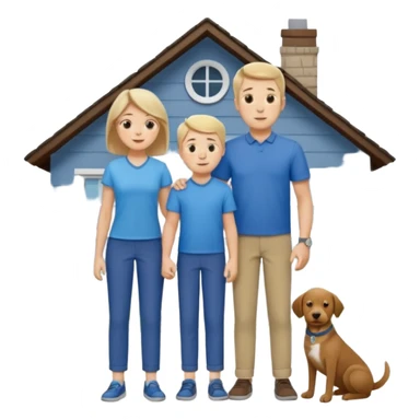 a mom and dad standing in front of a house with their son and a dog next to them (1 dog) and 1 SON not daughter the son should be very short sticker