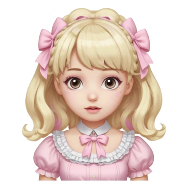 pale girl , who has curly medium length blonde and baby pink swirled hair with bangs , grey eyes , and doll like makeup , in a light pink lolita hime gyaru dress  sticker