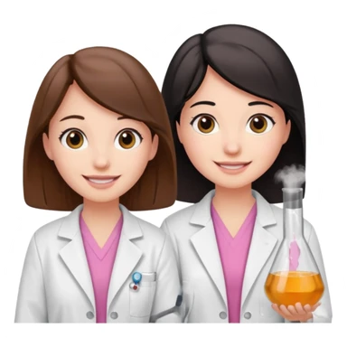 cientificas con blusa rosa y bata blanca felices, una chica con pelo marrón y otra chica con pelo negro sticker