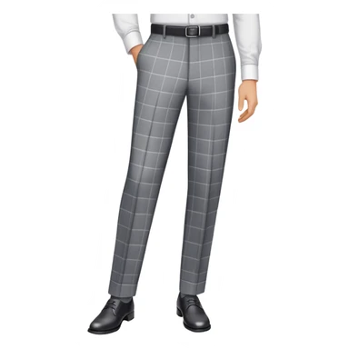 only the garment, gray dress pants with white grid pattern, plaid check pattern, formal trousers with cuffed hem, isolated item on white background, no model, no person sticker