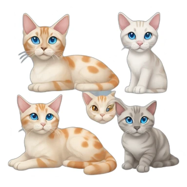 one grey lynx point siamese cat with blue eyes, one orange and white tabby cat, and one orange cat with orange eyes sticker