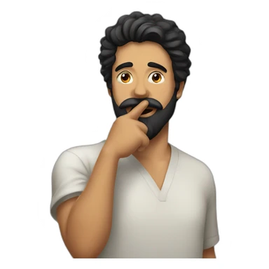 A guy with his finger in his mouth making the silence sign, black hair, beard sticker