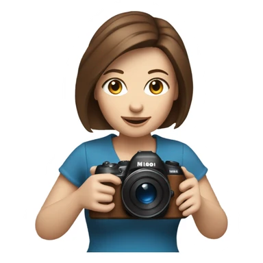 Portrait of stylish woman with blue eyes and brown bob hair holding a nikon camera￼ in hands sticker