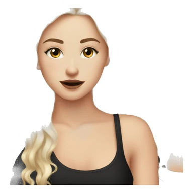 White Girl with long wavy blonde hair eyes closed smiling black tank top and black makeup sticker