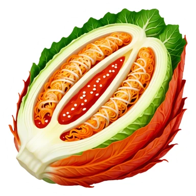 kimchi cross-section of napa cabbage fully marinated in bright red pepper paste, vibrant red, no face sticker