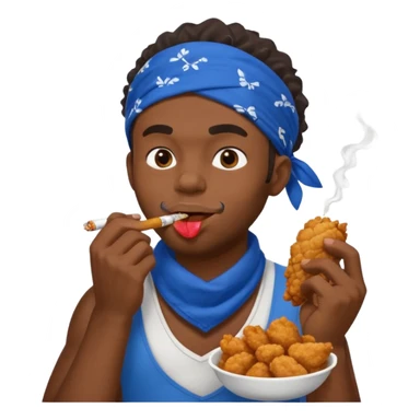 black man eating fried chicken with blue bandana and cigarette in teeth. Create this emoji in apple emojis style sticker