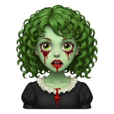 Green zombie emoji girl with curly Brown hair, with curly bangs, wearing a black bluse, blood Just in the tongue  sticker