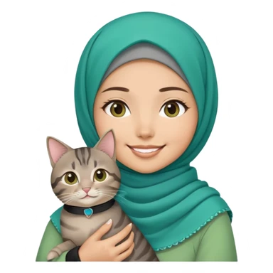 Asian White girl wearing cute green hijab holding a black grey tabby cat while smiling. The cat is wearing a blue collar sticker