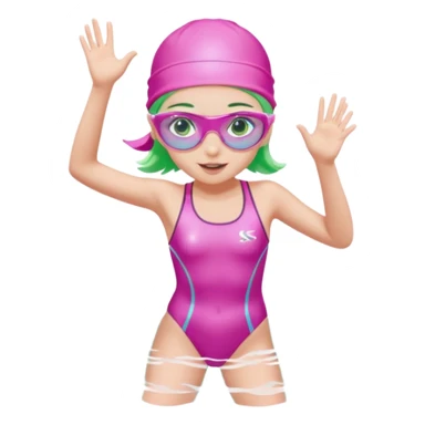 pretty girl with green eyes pink swim cap holographic swimming glasses and cute profesional swimmer pink swimsuit jumping in water sticker