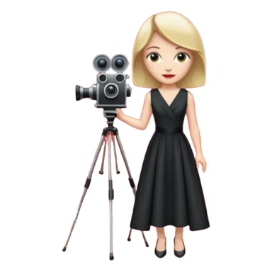 an actress standing on a red carpet with a formal dress, with only one movie camera on a tripod next to her. sticker