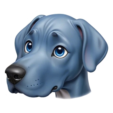 Cinematic Cute Blue Great Dane Portrait Emoji, Head tilted playfully and inquisitively, featuring a glossy blue Fur with a refined sheen, round, sparkling steel-blue eyes filled with curiosity, Simplified yet irresistibly adorable features, highly detailed, glowing with a warm, friendly glow, high shine, affectionate and gentle, stylized with a touch of whimsy, bright and endearing, soft glowing outline, capturing the essence of a mischievous yet loving pup, so playful it feels like it could lumber out of the screen and into your arms! sticker