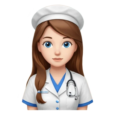 inside a classroom at university, a pretty female nursing student with long brown hair, blue eyes sticker