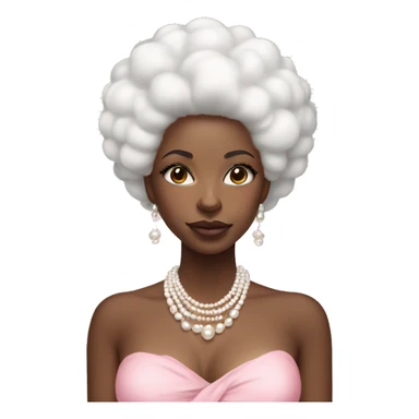 Black woman with white afro hair (with pearl hair accessories) and white coloured eyes. Wearing pearl necklaces and earrings with a pink flowy dress adorned in pearls sticker