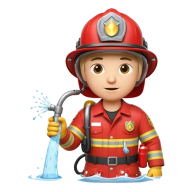 A 3D Apple-style emoji character dressed as a firefighter in a bright red uniform and helmet, holding a fire hose spraying water forward, determined expression with cartoonish eyes, water splashing effect, clean minimal background sticker