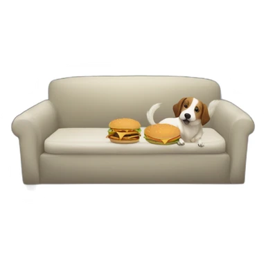 chien qui mange un hamburger avec un chien sur le canapé dans une maison avec une fenêtre en arrière plans  sticker