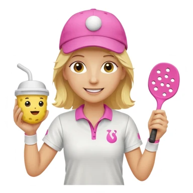 Happy Yellow Pickle Ball with blond hair, wearing a white baseball cap. holding a pink pickleball paddle in one hand and cup of coffee in the other hand. sticker